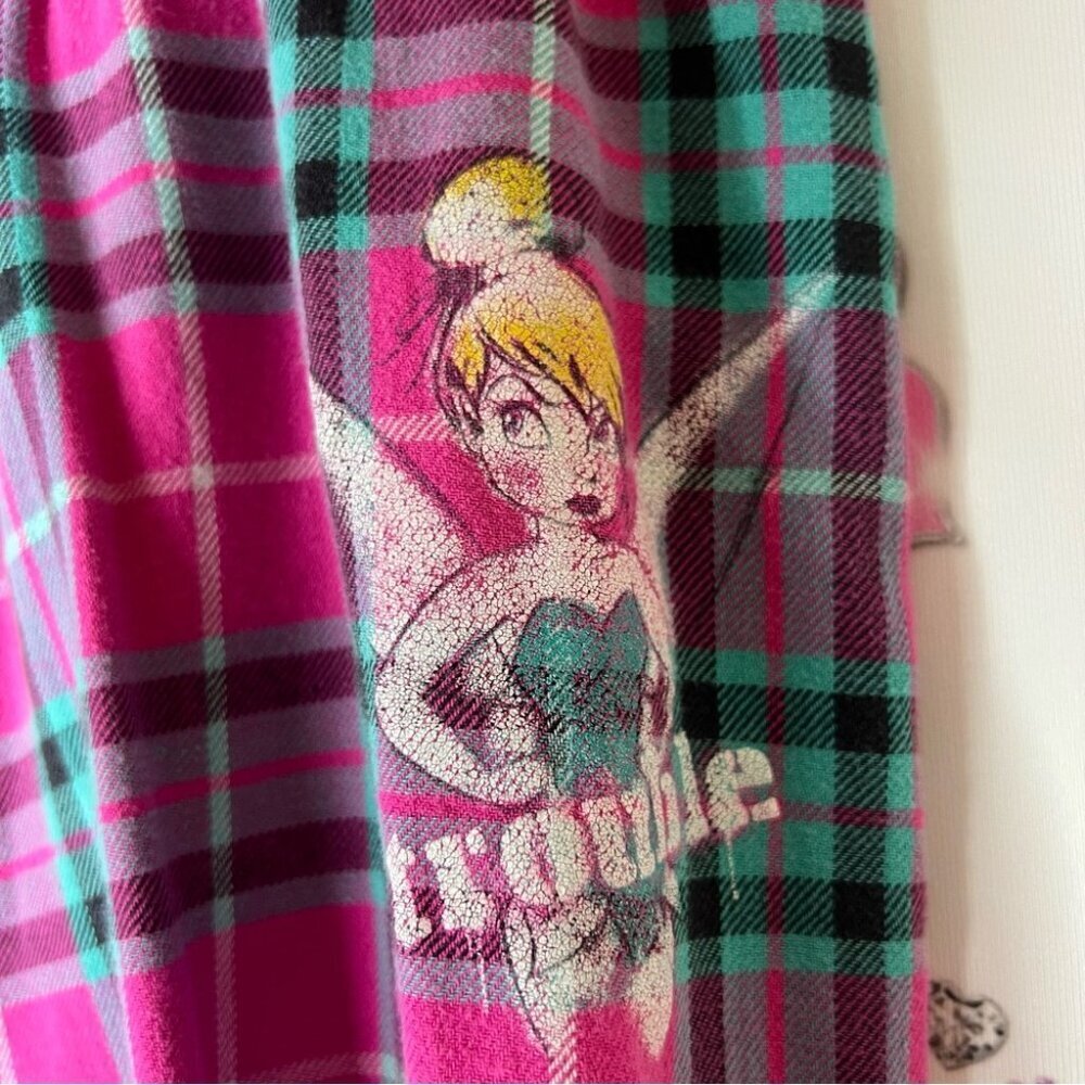 Disney tinkerbell trouble pants Plaid Pajamas Pink and blue tie up waist strings - Picture 2 of 7
